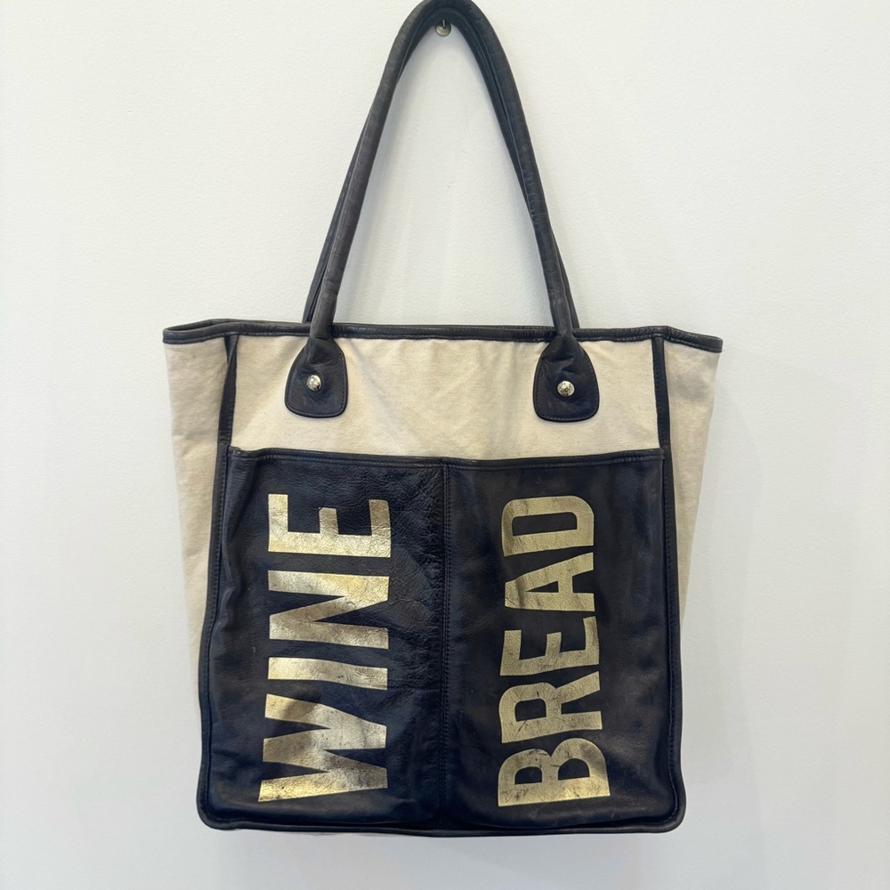 ✨Collectible Rare✨Rebecca Minkoff Bread Wine Market Tote Bag Navy Leather Canvas